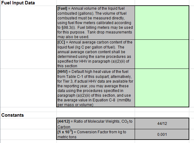 C-4, C-8 Fuel Input Spreadsheet Data Entry into the Green Cells